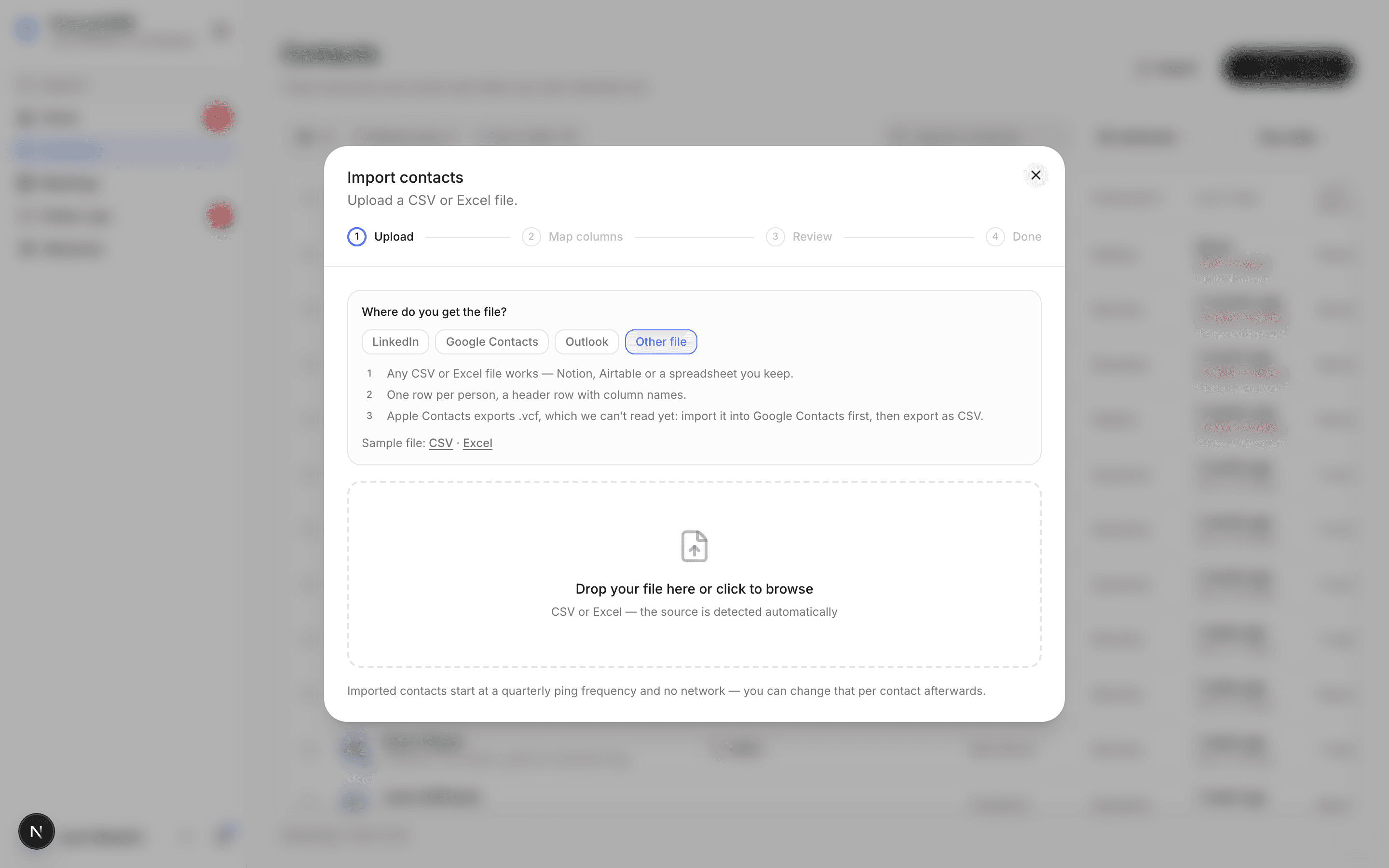 The import dialog: pick your source, drop the file, the preset is detected automatically
