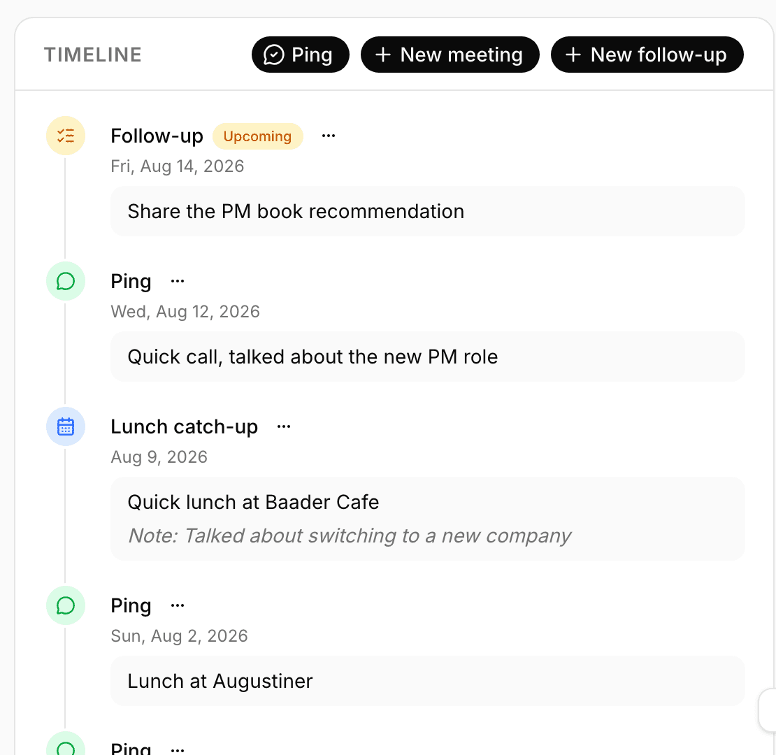 PersonalCRM contact timeline with pings, meetings, and follow-ups