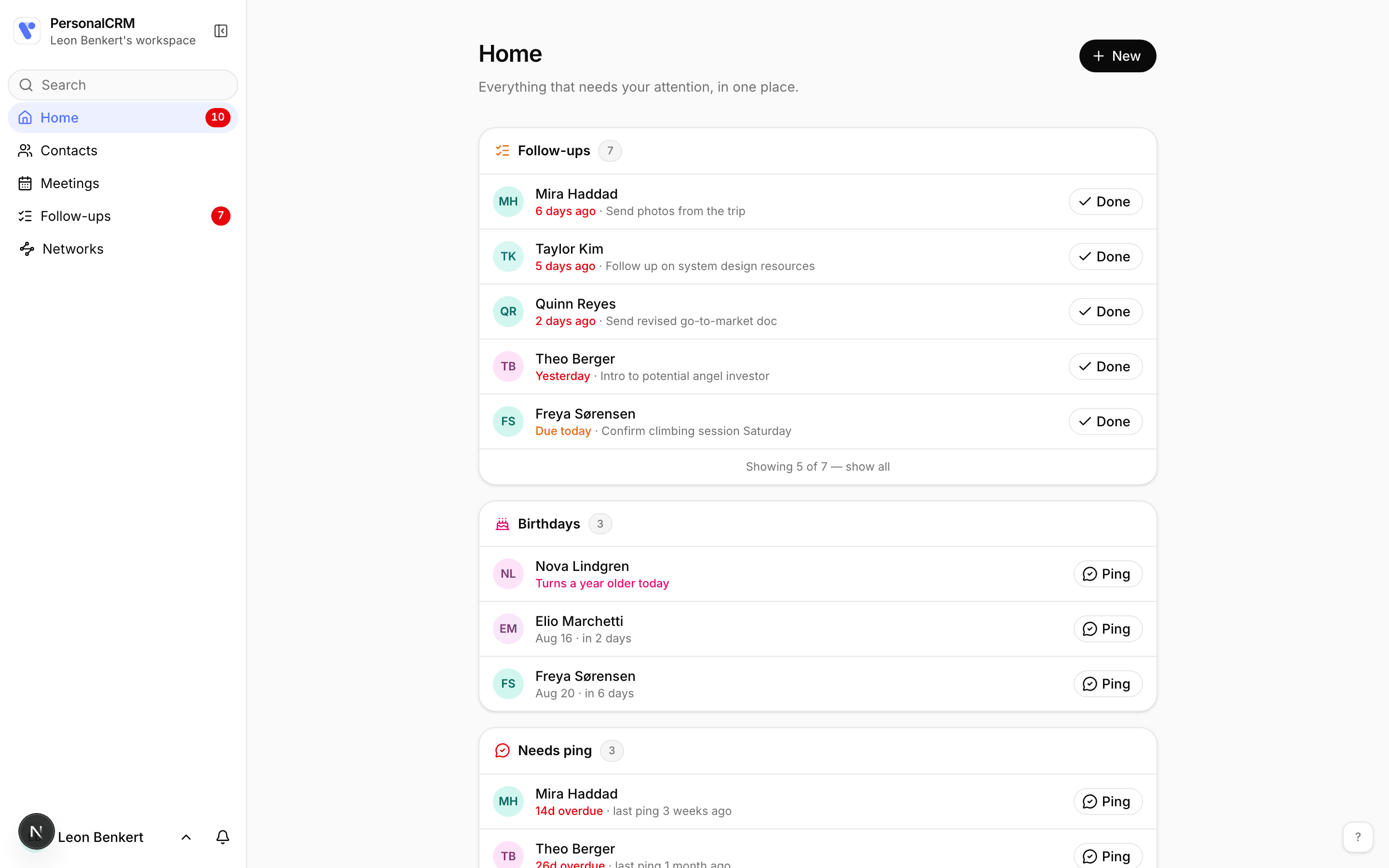 Home: follow-ups, birthdays, and contacts that need a ping, grouped as a workable list