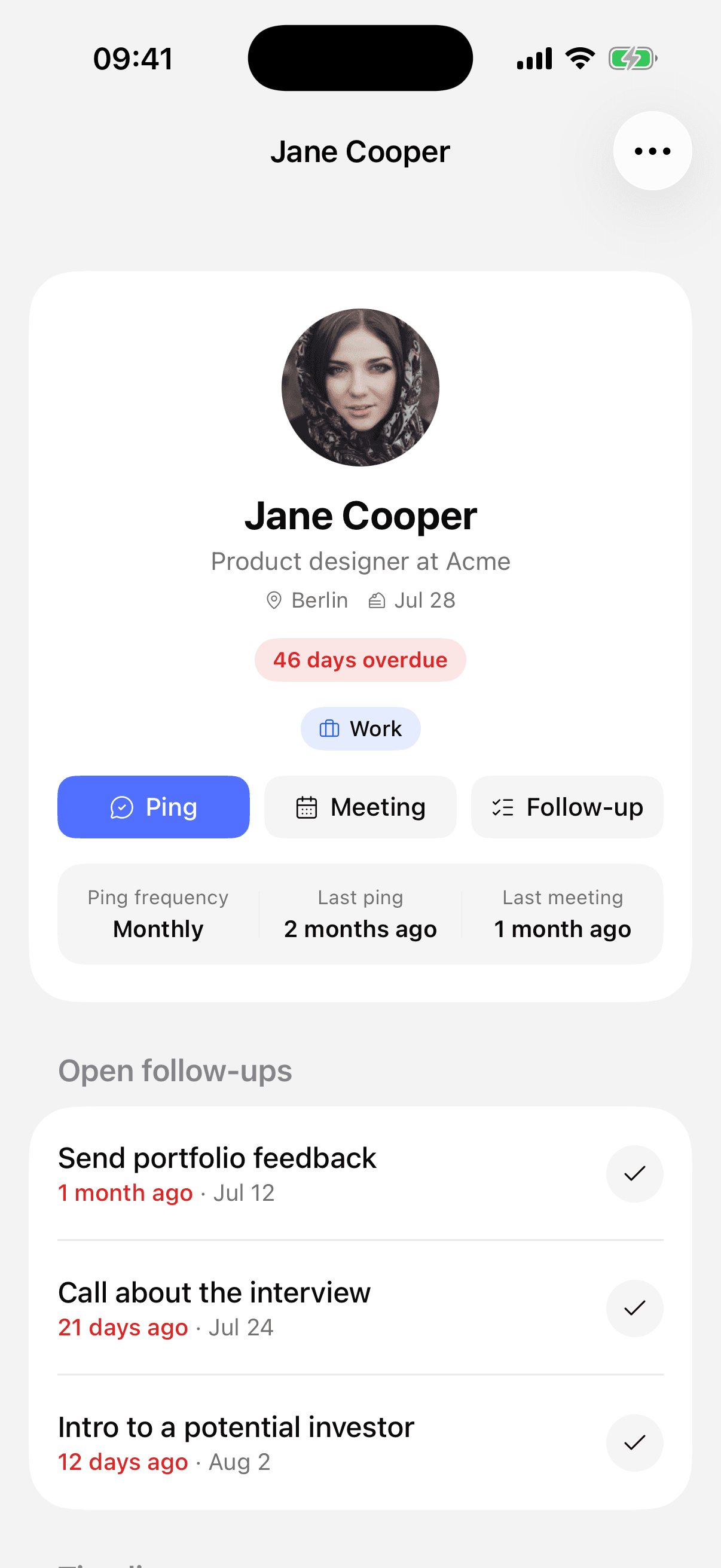 PersonalCRM iOS contact page: photo, overdue status, ping button, and open follow-ups