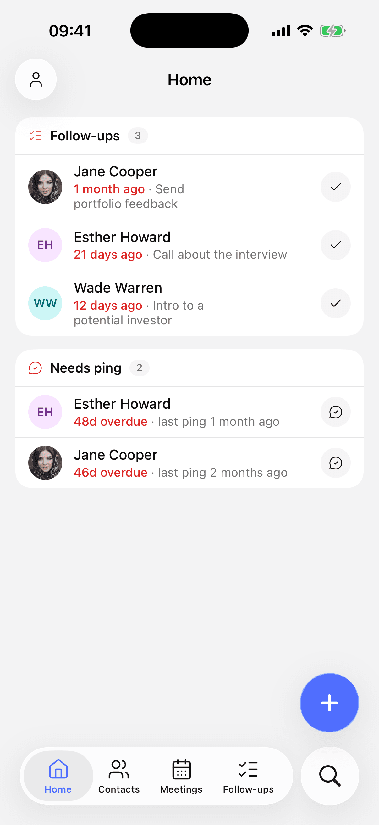 PersonalCRM iOS Home: follow-ups and contacts that need a ping, with the glass tab bar